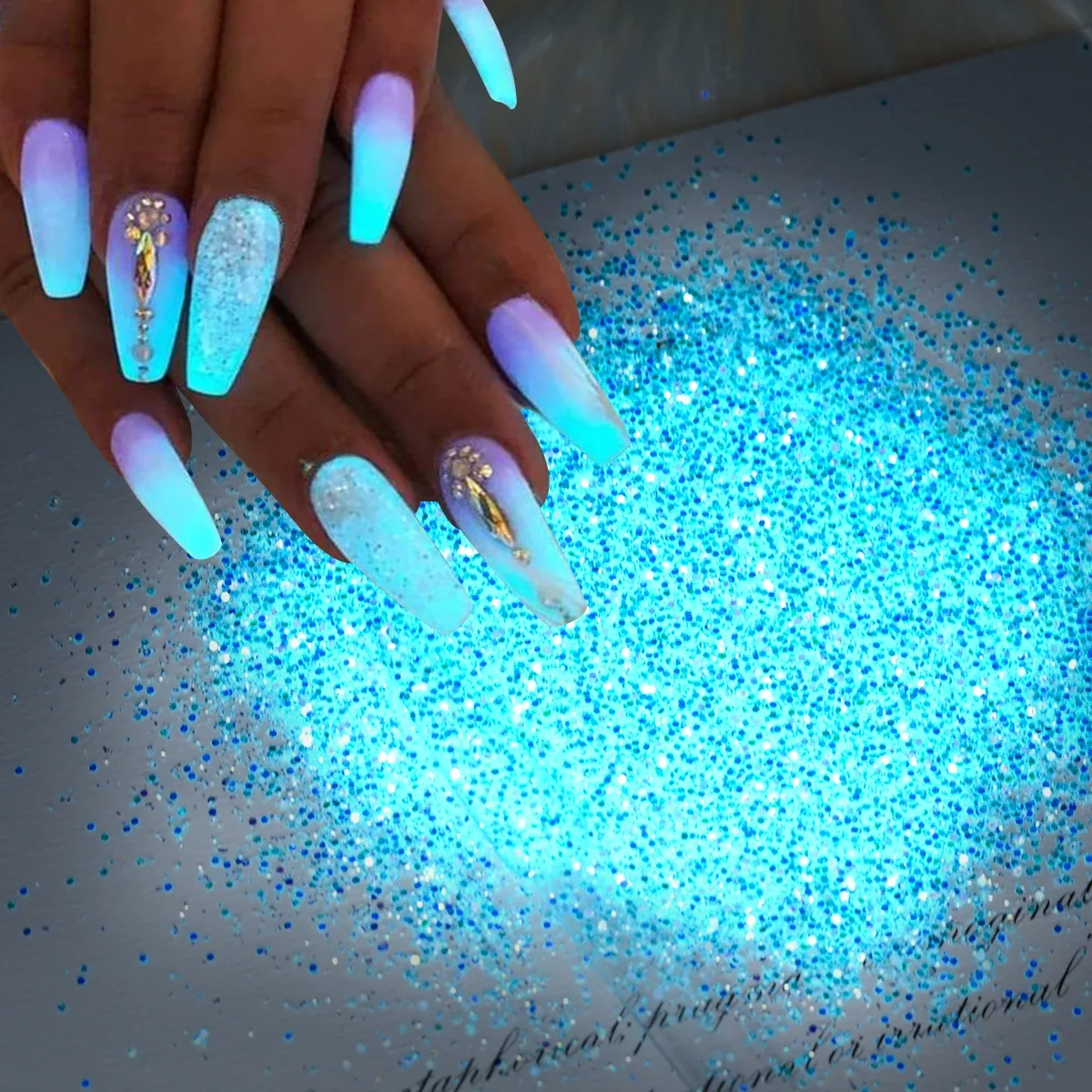Poudre lumineuse bleu-vert pour ongles, 10 g