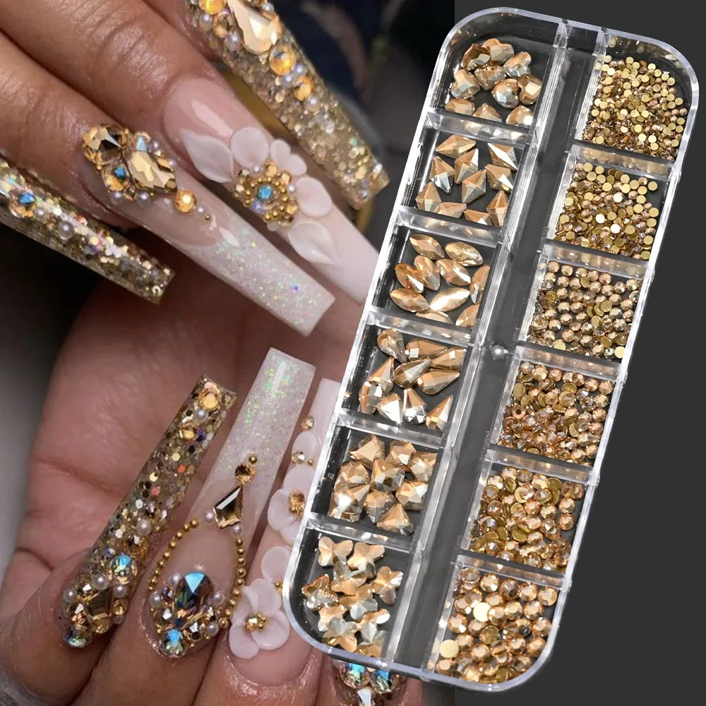 Strass pour ongles en verre, couleur or champagne