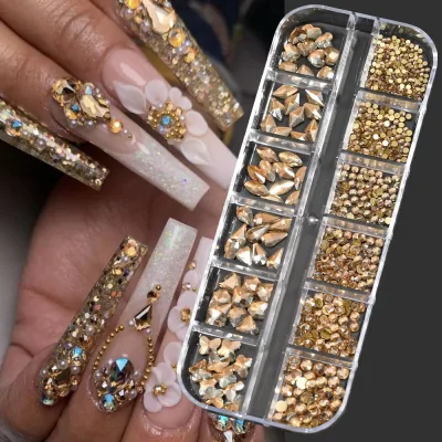 Strass pour ongles en verre, couleur or champagne
